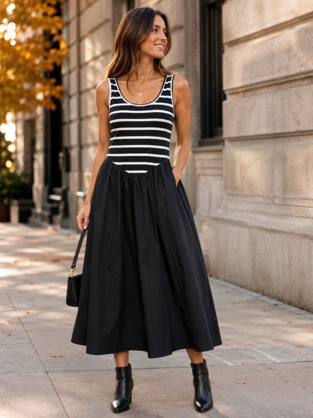 Classic Oak & Trellis Striped Drop Waist Midi Dress Black White XL NWT